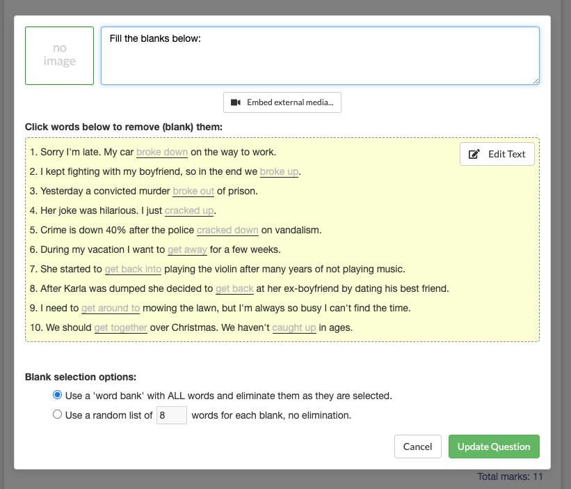 Edit fill-blank activity