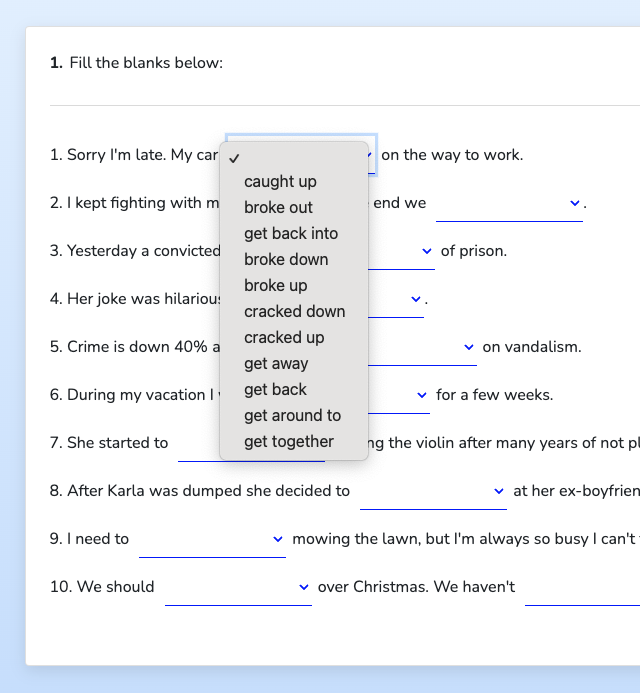 Student view of fill-blank activity
