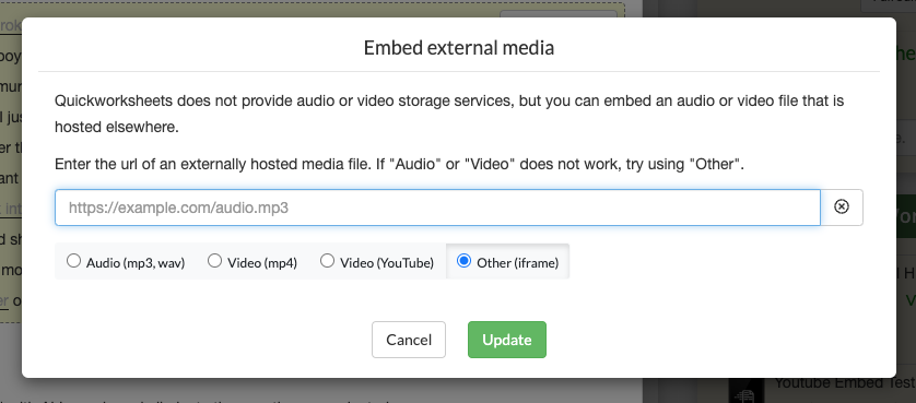 Embed external media dialog