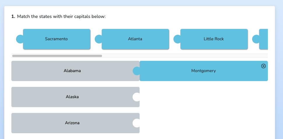 Student view of matching pairs activity