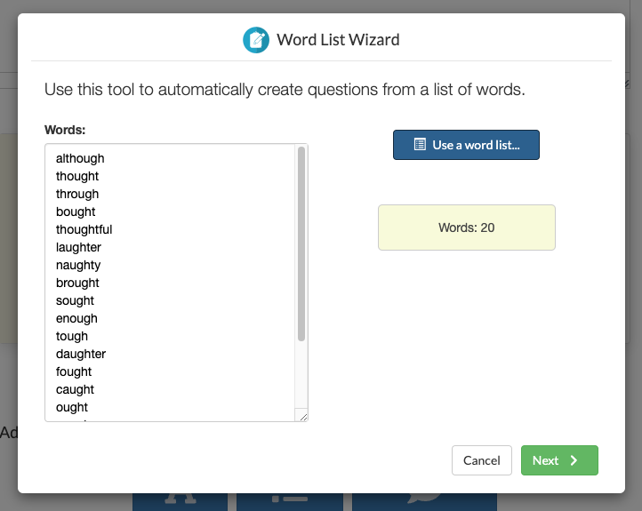 Page 1 of Word List Wizard
