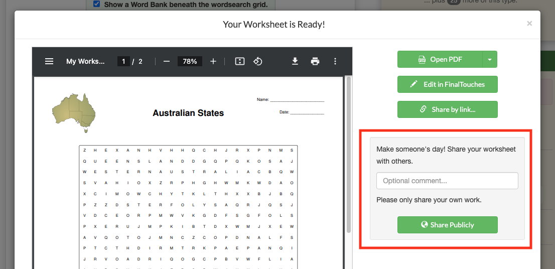 Share new worksheet