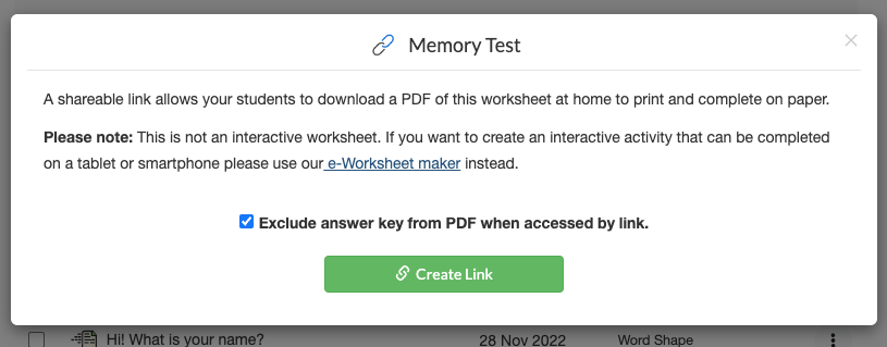 Create link dialog
